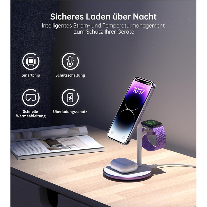 3-в-1 Бездротова Зарядка для Багатьох Пристроїв: iPhone, iWatch, AirPods (15W, MagSafe, Lila)