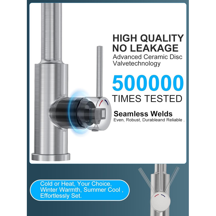 Висувний змішувач для кухні з високим тиском, кухонна арматура з поворотним виливом 360°, 4 режими, високий вигин, нержавіюча сталь, щіткова обробка, змішувач для раковини з одним отвором, ABS-розпилювач, з'єднання G3/8 (тільки для ЄС)