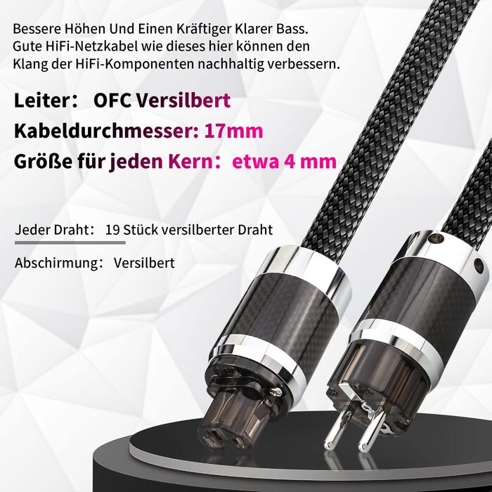 Hi-Fi мережевий кабель Tertullus E860 High-End для аудіотехніки, C15 Schuko, 1м