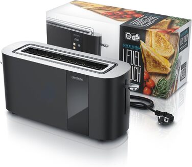 Тостер Arendo з нержавіючої сталі, 2 відділення, довгий проріз, сенсорний дисплей, подвійні стінки, підставка для булочок, 6 рівнів підсмажування, центрування хліба, індикатор часу, функція пам'яті, чорний колір A: Нічний чорний