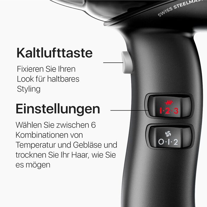 Професійний фен Swiss Steel Master Light: потужний, з іонізацією, 2000 Вт, з нержавіючої сталі