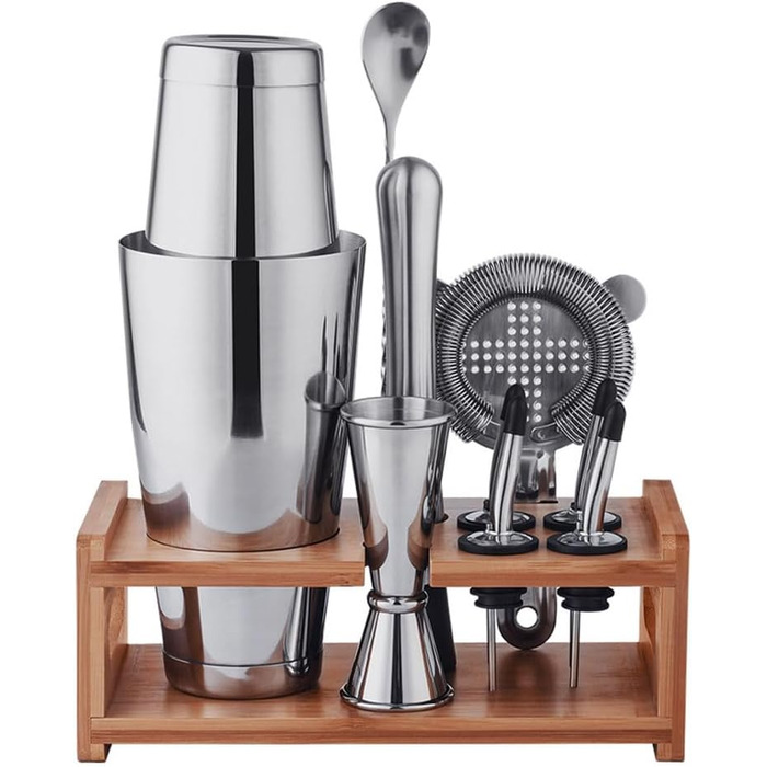 Набір для коктейлів 10 предметів з нержавіючої сталі: шейкер, міксер, дерев'яна підставка, аксесуари бармена (мірний стакан, ложка, наливка) для приготування напоїв вдома, барі, на вечірці