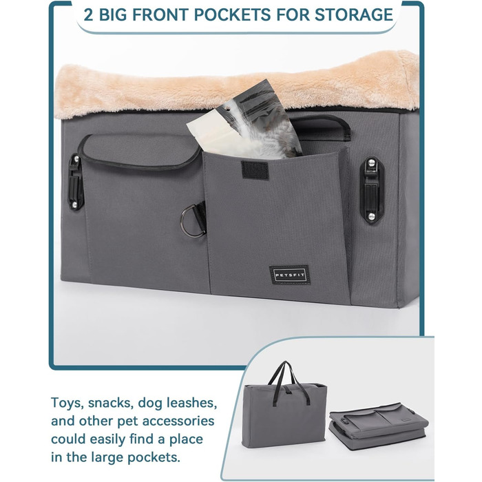 Автокрісло для собак Petsfit M, сірий: зручне автокрісло для середніх та 2 маленьких собак з підкладкою, ременями та кишенею