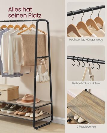 VASAGLE Clothes Rack, Coat Rack, Wardrobe, 2 Shelves, 6 S-Shaped Hooks, Steel Frame, for Bedroom, Hallway, Entrance Area, Cloud White-Matt White RGR112W02 (Turquoise Brown-Matt Black)