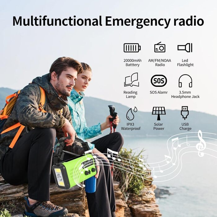 Сонячне радіо Kurbelradio з Powerbank 20000mAh, AM/FM/WB радіо, ліхтарик, зарядний пристрій USB-C, SOS-сигнал, компас, водонепроникне для відпочинку на природі, кемпінгу, екстрених ситуацій, зелений світло-зелений