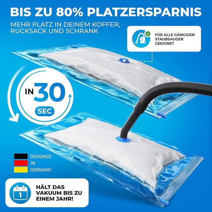 Vacuum Bags Set [6 Pieces] in 3 Sizes (2x 40x60 cm / 2x 60x80 cm / 2x 80x100 cm) - Vacuum Sealer Bags for Clothing & Duvets - Storage Vacuum Bags for Clothing