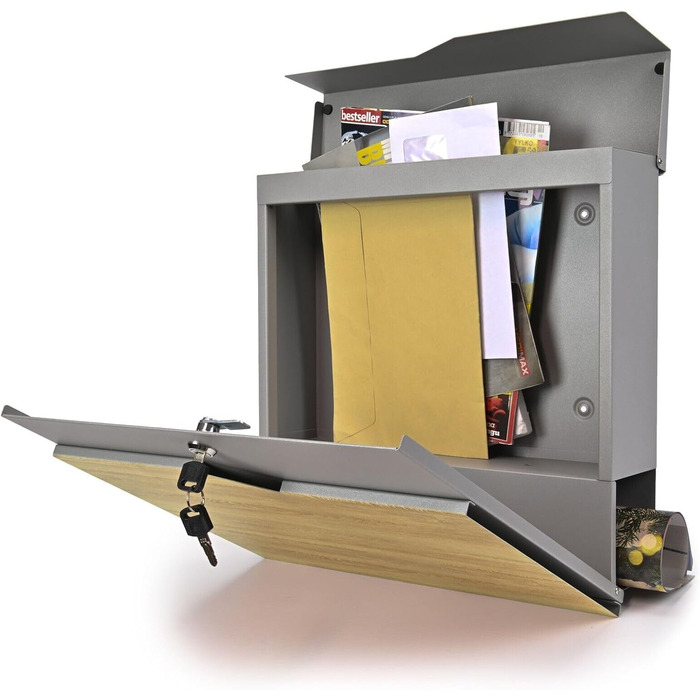 Поштова скринька Verda Anthracite з газетницею, порошкове покриття AkzoNobel, 2 ключі, табличка з іменем, персоналізована, дизайнерська настінна поштова скринька з нержавіючої сталі (срібло з виглядом дерева)