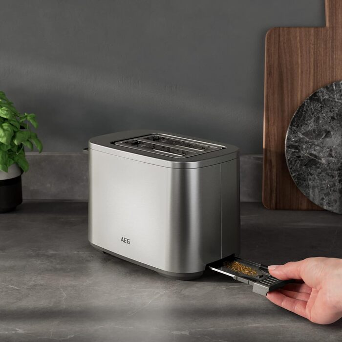 Тостер AEG T5-1-4ST Deli 5 з 7 режимами, таймером, функціями стоп, розморожування, підігріву, автоматичним центруванням, корпусом Cool-Touch, широкими слотами, піддоном для крихт, нержавіюча сталь