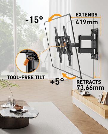 Кріплення для телевізора Perlegear поворотне, настінне, для телевізорів 42-84 дюймів, нахиляється, висувається, максимальне навантаження 60 кг, VESA 200x100 - 600x400 мм