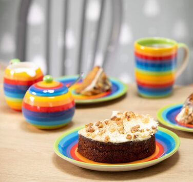 Hand-painted sugar bowl and teapot set with rainbow stripes