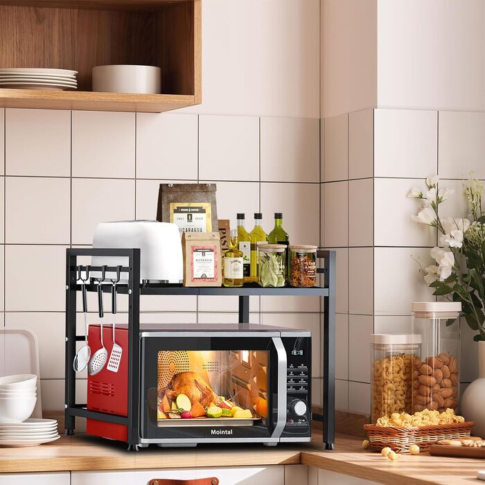 Регульована полиця для мікрохвильової печі, 2-рівнева, розширювана, металева, з 8 гачками, чорна