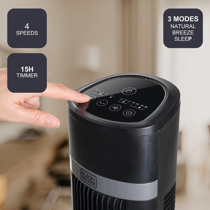 Вентилятор підлоговий BLACK+DECKER 45W, 102 см, пульт, 3 режими, таймер 15 год, чорний