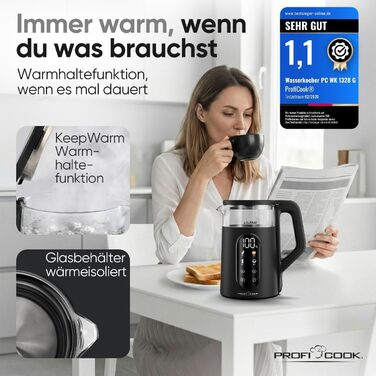 Скляний електрочайник ProfiCook PC WK 1328 G з регулюванням температури 40-100°C, 1.7л, 2200Вт, функція підігріву та швидкого старту