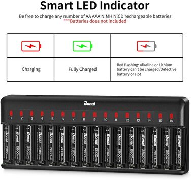 Зарядний пристрій BONAI для акумуляторів AA AAA з LED-індикатором, 16 слотів, універсальний, чорний