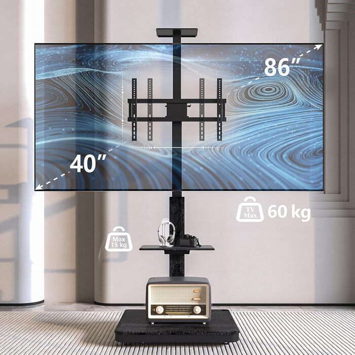 Моторний підставка для телевізора XTRARM Elite: регулювання висоти, VESA 600x400, максимальне навантаження 60 кг, з полицями та стійкою для кабелів (Білий/Чорний)