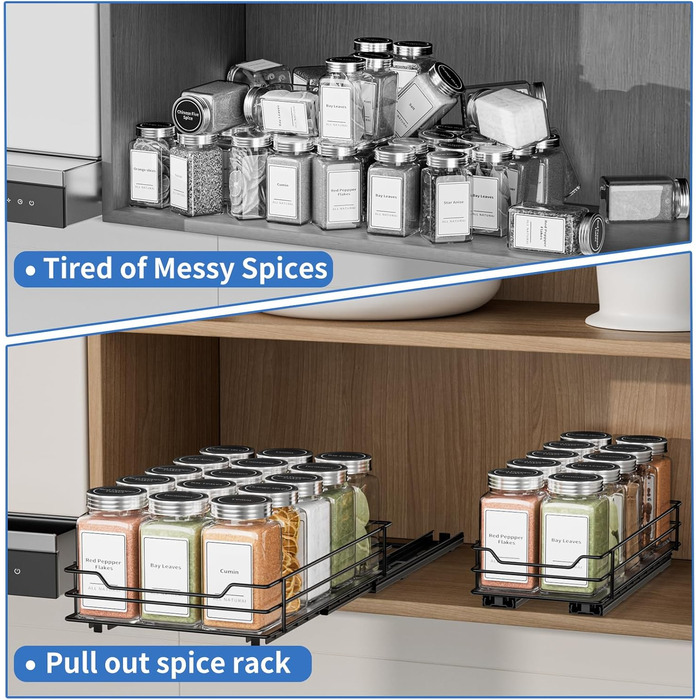 Висувна полиця для спецій у шафу, 2 яруси, регульована висота, чорний колір, органайзер для спецій, органайзер для кухні (11.8*26.4*5.6 см)