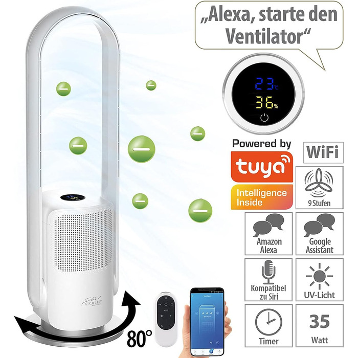 Sichler Household Appliances Tower Fan: Cordless 2-in-1 360° Fan & Air Purifier, Wi-Fi, App Control, HEPA, 35W (Tower Fan with Air Purifier, Fan with Timer, Ceiling Fan)