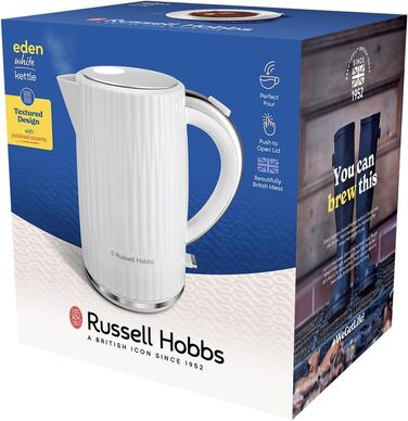 Russell Hobbs Kettle [1.7L 2400W] Eden White, Stainless Steel Accents (removable scale filter, lid opening with push button, water level indicator, illuminated switch, BPA free) Teapot 27360-70