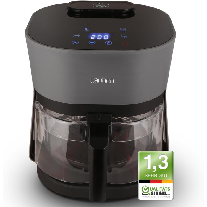 Аерофритюрниця Lauben Glass&Steam 4500BG з пароваркою, скляний кошик, 8 програм, ручне регулювання часу і температури, об'єм 4,5 л, мийка в посудомийній машині