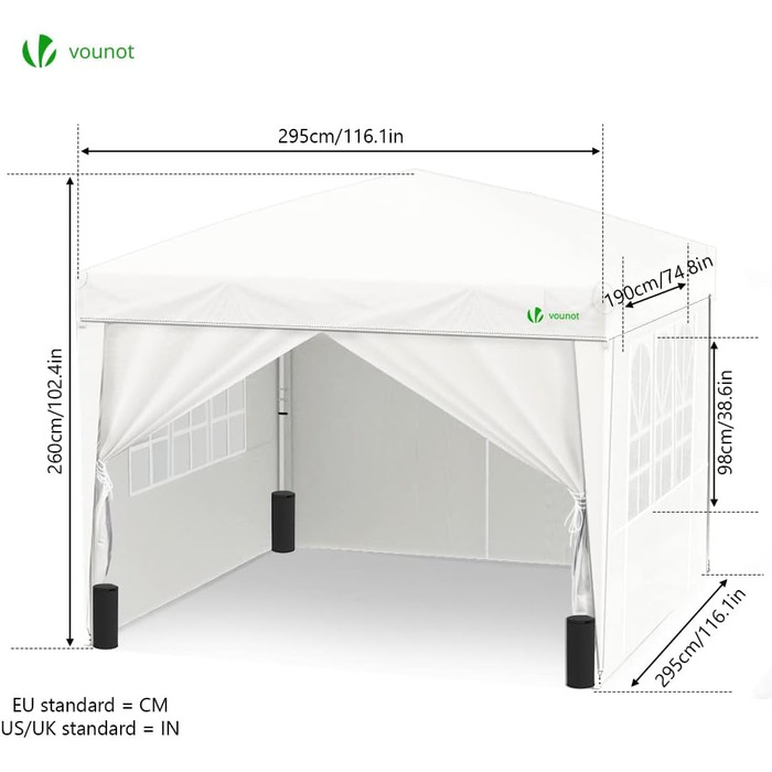 VOUNOT® Pavilion 3x3m with 4 Side Walls & 4 Sandbags, Pop-Up Folding Pavilion, Folding Garden Tent Party Tent, including Bag, Grey (White + 4 Side Walls)