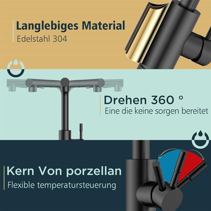 Кран FORIOUS для кухні з висувною лійкою, душовою насадкою, поворотний на 360°, 2 режими розпилення, матовий чорний