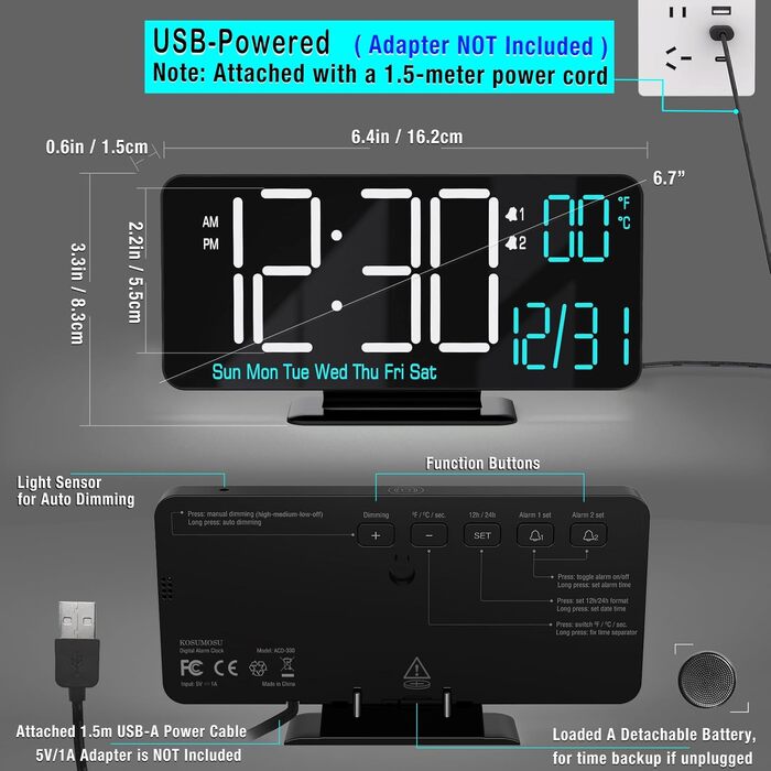 Цифровий LED будильник для спальні KOSUMOSU 6.7