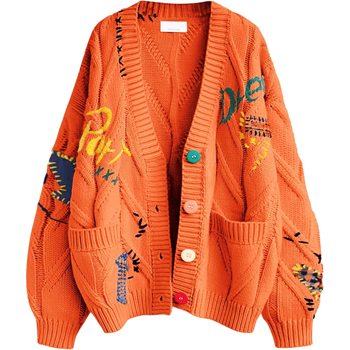 В'язана жилетка Daen з косами, довгі рукави, відкрита спереду, V-подібний виріз, застібка на ґудзики, вишивка, вовняна суміш, Пуловер, Куртка, Одяг для активного відпочинку (XXL, Помаранчевий/Бурштиновий у зигзагоподібному візерунку (Sunset Chevron))