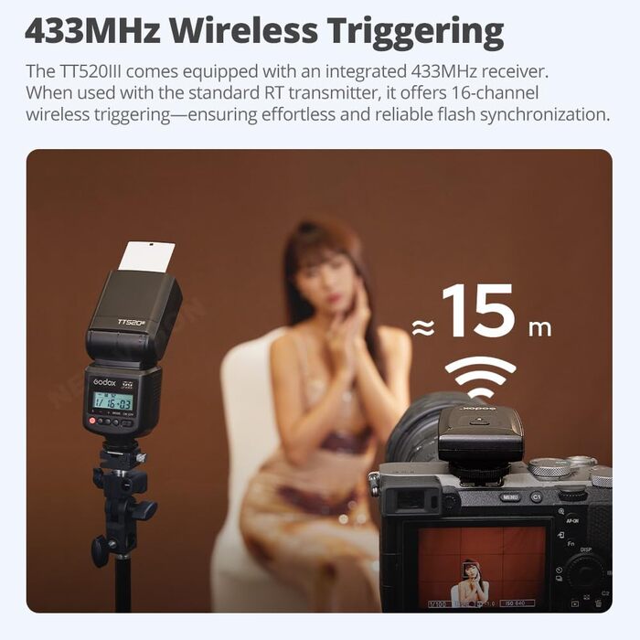 Спалах для камери Godox TT520 III з бездротовим передавачем, GN33, 433MHz, S1/S2 режими, 8 рівнів потужності, сумісний з Canon, Nikon, Pentax, Olympus, Fujifilm, Panasonic