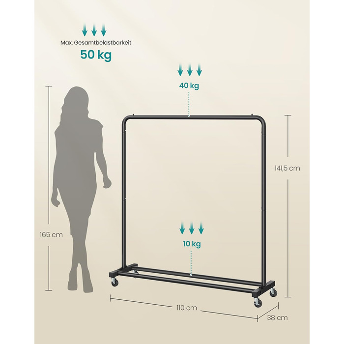 SONGMICS Кільцева вішалка для одягу на коліщатках, чорна, 38 x 110 x 141,5 см, до 50 кг, HSR016BH01