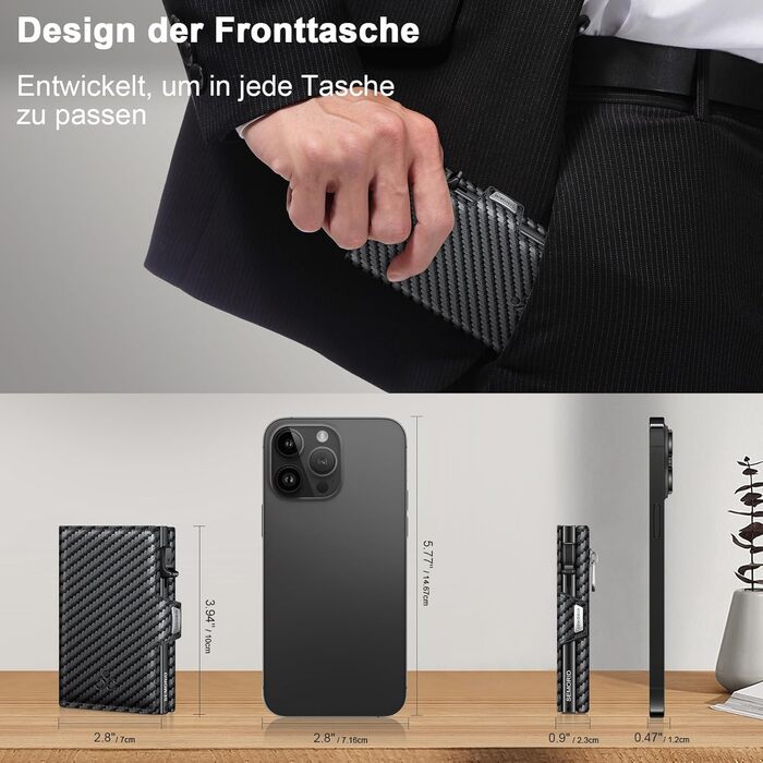 Чоловічий гаманець з відділенням для монет та RFID захистом, Slim Wallet Pop-up, гаманець для 9-11 карт, ID-вікно, відділення для грошей, Smart Wallet для чоловіків (карбон)