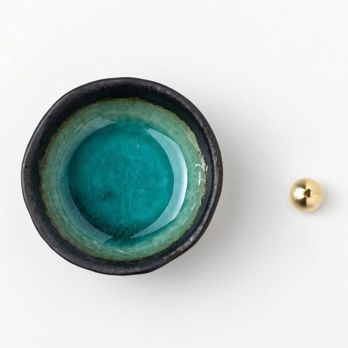 Asayu Japan Mini Incense Holder - Aquamarine - For 83 mm Incense Sticks, Made in Japan, Traditional Ceramic Ash Catcher, Includes Detachable Brass Stand - For Yoga, Meditation, and Relaxation