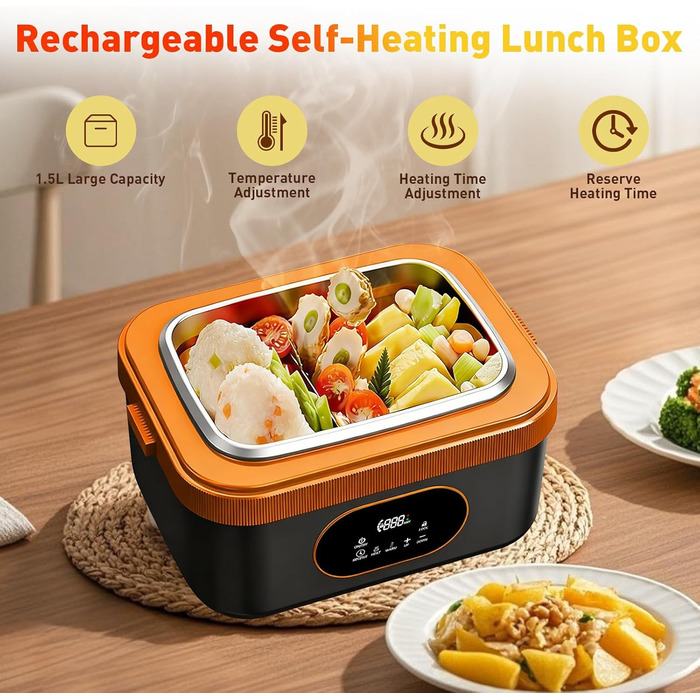 Електрична обідовниця з підігрівом 1.5L, перезаряджувана, портативна, для роботи, сім'ї, кемпінгу, офісу, подорожей, будівельних майданчиків, чорна з червоними акцентами