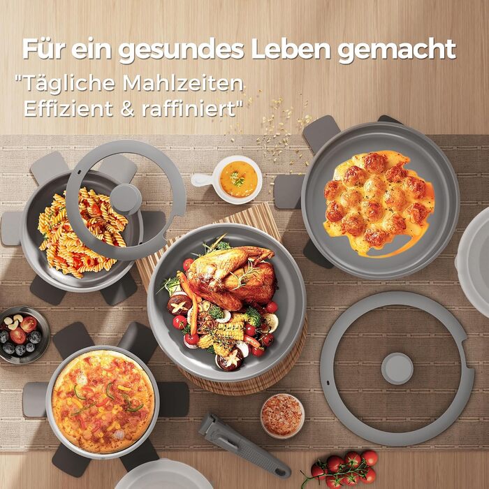 Набір керамічного посуду Sanho з одним знімним ручкою, антипригарне покриття, 21 предмет, сірий