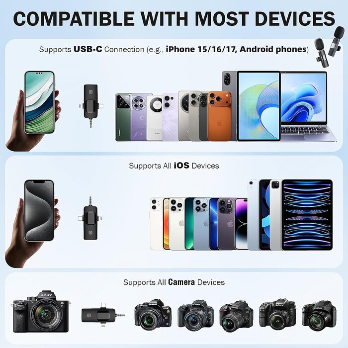 Беспроводной петличный микрофон для телефона/iPhone/iPad/камеры, мини-микрофон для стриминга, подавление шума, Plug & Play, идеален для видеосъемок, подкастов, YouTube, TikTok и интервью K15