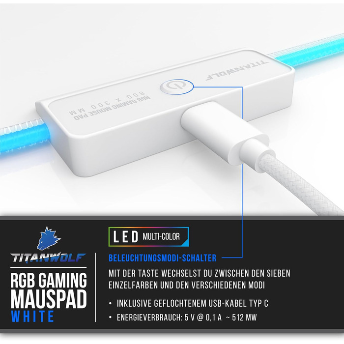 Ігровий килимок для миші TITANWOLF RGB XXL (800x300 мм) з LED-підсвіткою, 11 режимів освітлення, вологостійкий, білий