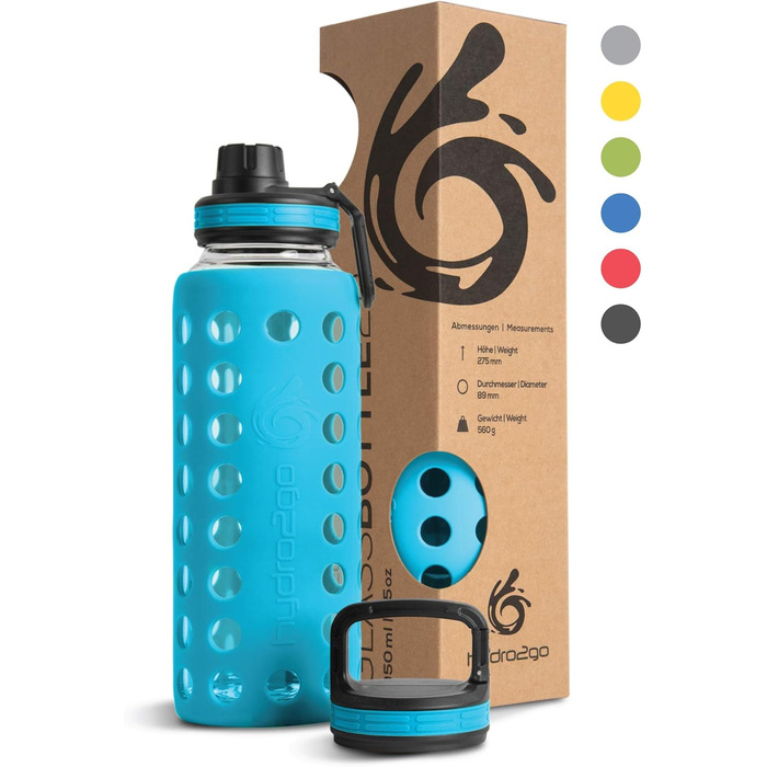 Glass Drinking Bottle with Silicone Sleeve – 100% Leak-Proof, BPA-Free, Dishwasher Safe, 2 Replaceable Lids – Ideal for Office, Fitness, Yoga, Sports & Outdoor – 950 ml (Coral Blue 2.0)