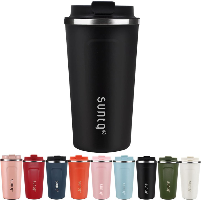 Термокружка для кави з нержавіючої сталі SUNTQ - 510 мл, з подвійними стінками, ізольована, з кришкою, що не протікає, багаторазова (Чорний)