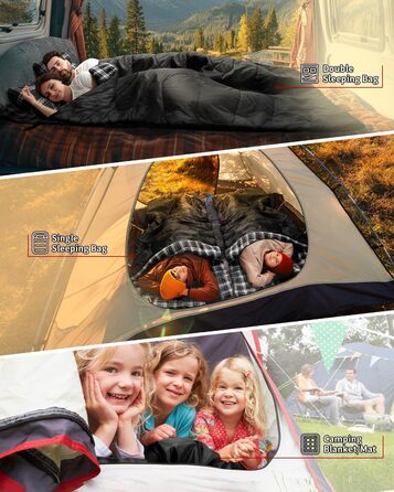 Сплячий мішок Outdoor Sportneer для двох осіб: спальний мішок на 3 сезони, 220x150 см, 2.75 кг з 2 подушками, дорослий ковдровий спальний мішок для сім'ї (без фланелевої підкладки) (Чорний)