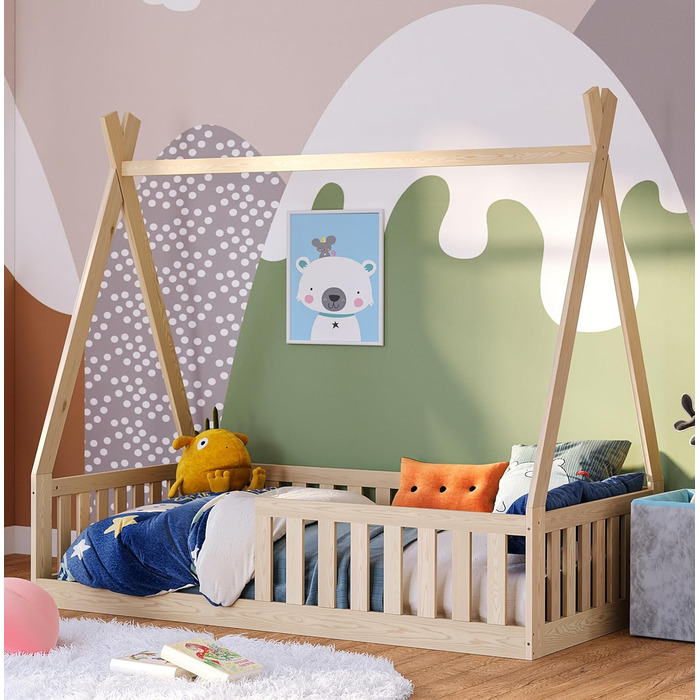 Bellabino Tajo Children's Bed Base 80x160 cm, House Bed made of Solid Pine Wood with Fall Protection/Rail and Slatted Frame in Natural for Children from 3 Years