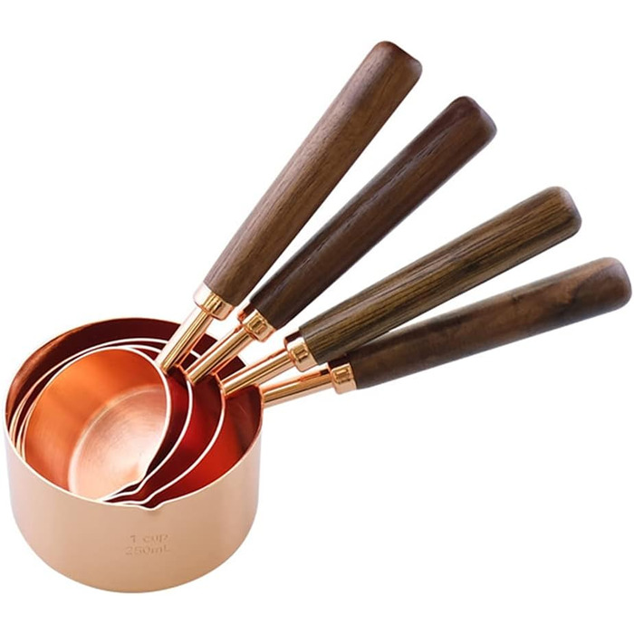 Alnicov Measuring Cups & Measuring Spoons 8-Piece Set, rose gold measuring spoons with walnut handle for the kitchen for measuring various ingredient quantities. For kitchen, cooking, and baking.