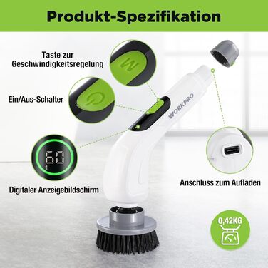WORKPRO Електрична щітка для прибирання з індикатором потужності, 8 в 1, обертова щітка-скребок, 8 насадок, телескопічна ручка 30-120 см, 3 швидкості, для ванної кімнати та кухні