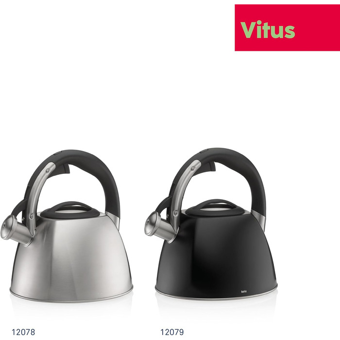 Ке́ла чайник індукційний 2.4л, з свистком, нержавіюча сталь, для всіх типів плит, з безпечним відкриванням кришки кнопкою, VITUS, чорний матовий