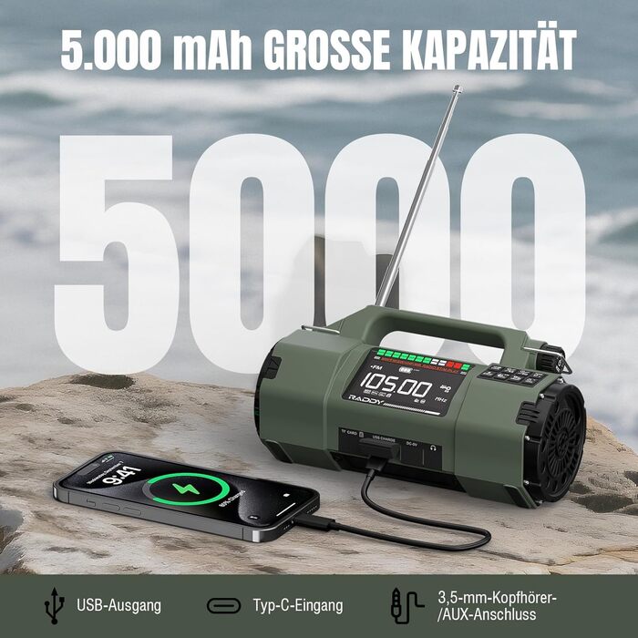 Радіо Raddy SH-906: Аварійне радіо з сонячною панеллю, ручним зарядом, AM/FM/SW/VHF, ліхтарик, SOS, компас, зарядка для телефону. Ідеально для виживання на природі