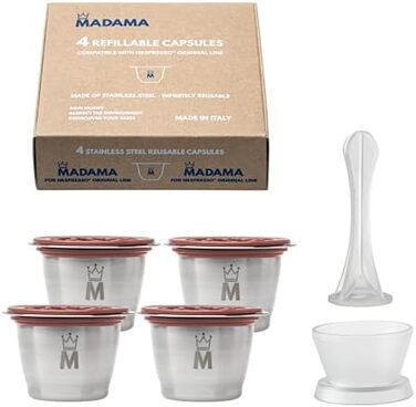 Madama – багаторазова капсула для кави Nespresso, нержавіюча сталь і харчовий силікон, набір 4 шт., вироблено в Італії