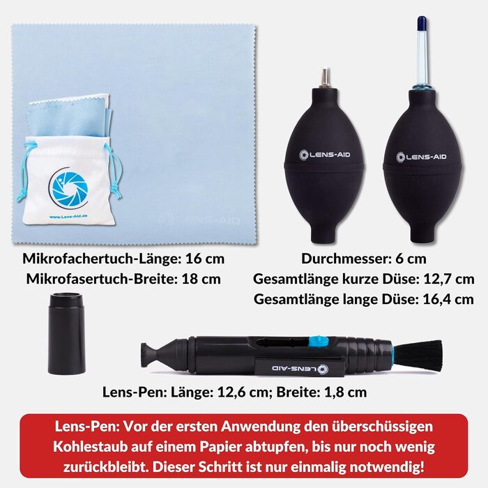 Набір для чищення камери Lens-Aid 3 в 1: повітряний насос, олівець для чищення та 5 мікрофібрових серветок. Підходить для сенсорів, об'єктивів, дисплеїв, фільтрів та оптики. Ідеальний для фотоаксесуарів та техніки.