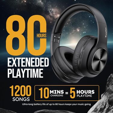 Bluetooth навушники TuneFlux Over Ear: 80 годин роботи, 3 режими EQ, HiFi Stereo, мікрофон, чорний