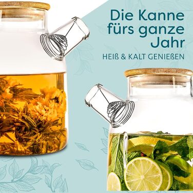 Чайник зі скла 1,5 літра з дерев'яним кришкою та фільтром - для гарячих та холодних напоїв - придатний для миття в посудомийній машині - стійкий до холоду та тепла - ідеальний для літа та зими