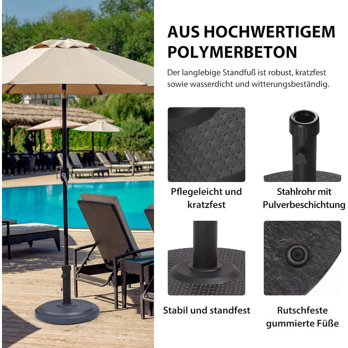 Paramondo Parasol Stand, Standard Round, Black, Made of Polymer Concrete, for Mast Thickness up to Ø 50mm, Includes Adapter Sleeves