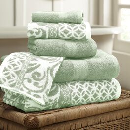 Modern Threads Trefoil Filigree 6-Piece Reversible Towel Set, Dyed, Jacquard, Bath Towels, Hand Towels, and Washcloths, Super Absorbent and Quick-Drying, 100% Combed Cotton Gray-Green Standard