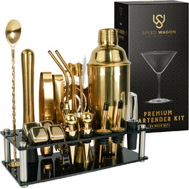 Golden 24-Piece Cocktail Shaker Set with Stand - Complete Home Bar Kit